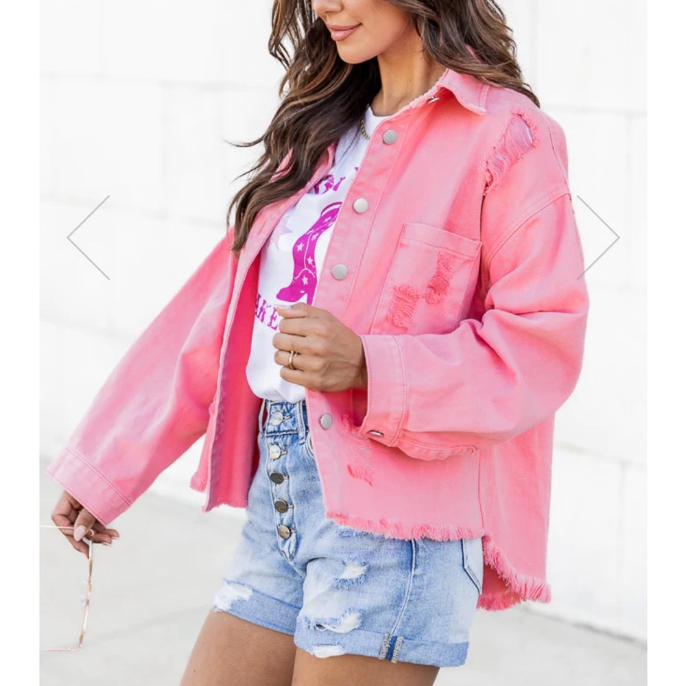🎀PINK LIKY🎀BUBBLEGUM PINK DISTRESSED DENIM JACKET